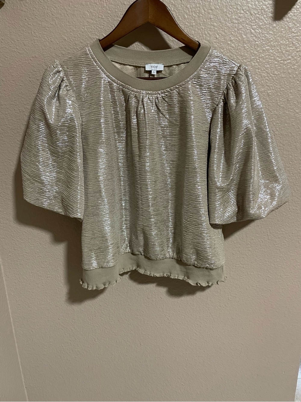 Voy Metallic Puff Sleeve Top in Light Gold